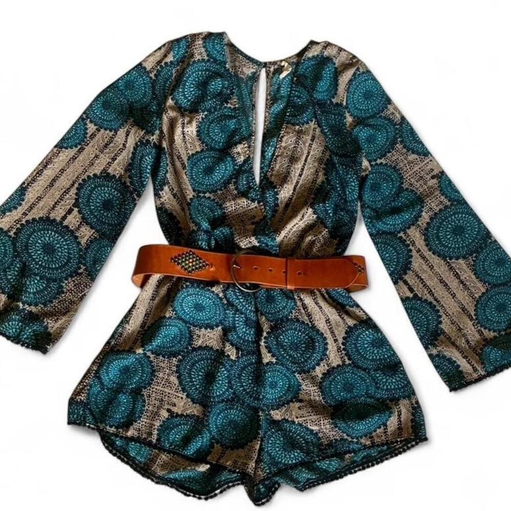 Illa Illa teal bohemian print long sleeve romper